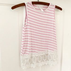 Little Girls Pink White Striped Tank Top, Lace Hemline, Boho Style Top